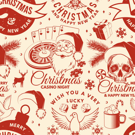 Set of Lucky Christmas casino night. Vintage print, logo, badge design with santa claus, casino dice, dove holding casino chips, poker playing card, slot machines and sweet candy cane. Vectorのイラスト素材