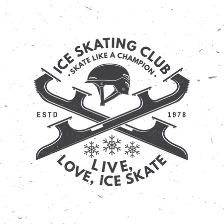 Ice Skate academy logo, badge design. Concept for shirt or logo, print, stamp or tee with skates blades and helmet . Winter sport. Vector illustration.のイラスト素材