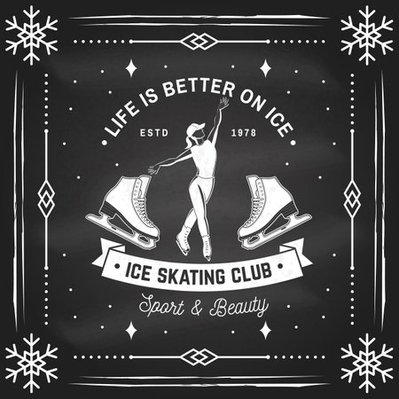 Set of Ice Skate club flyer, poster, banner on the chalkboard. Concept for shirt or logo, print, stamp or tee with skate, skates blades and helmet . Winter sport. Vector illustration.のイラスト素材