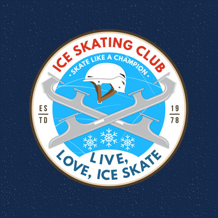 Ice Skate academy logo, badge patch design. Concept for shirt or logo, print, stamp or tee with skates blades and helmet . Winter sport. Vector illustration.のイラスト素材