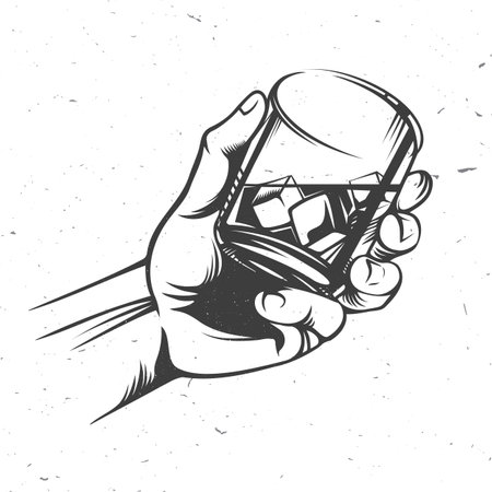 Retro hand holding glass with ice. Vector illustration. Hand drawn design element. For logo design, patches, stickersのイラスト素材