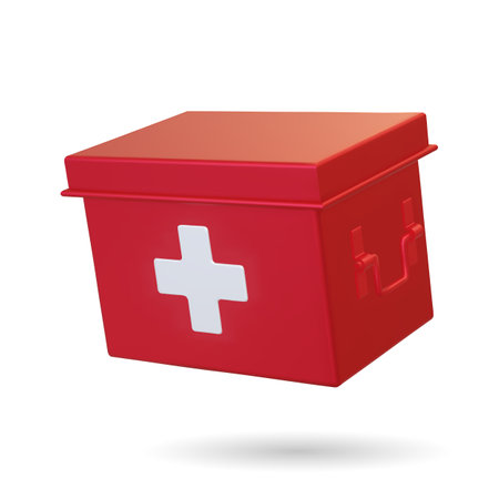 3d Realistic Red first aid kit box isolated on white background. Vector illustration. Advertising for hospital or pharmaceutical company. Sign for pharmacy. Metal First Aid Empty Box, Medicine Storage Organizerのイラスト素材