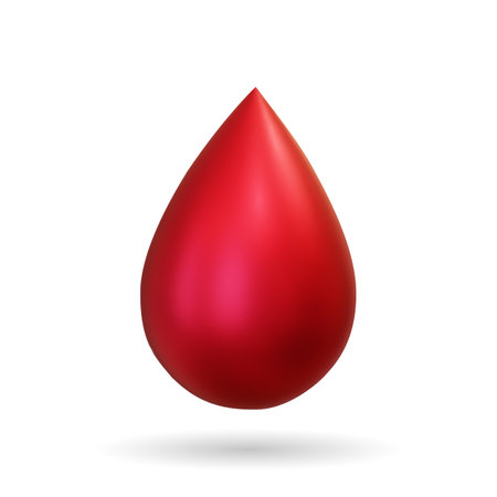 3d Realistic drops of red blood isolated on white background. Vector file illustration. Blood donation, platelets, stem cells. Design template of digital thermometer showing temperature. Advertising for hospital or pharmaceutical company.のイラスト素材
