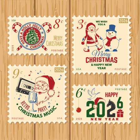 Postage stamps. Merry Christmas and Happy New Year 2026 retro postage stamp with Santa Claus, Christmas tree, gifts, poker card, casino chips, roulette. Vector illustration. Vintage design for xmas, new year emblem.のイラスト素材