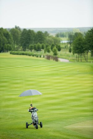 Bag with golf clubs and umbrella on the grassの写真素材
