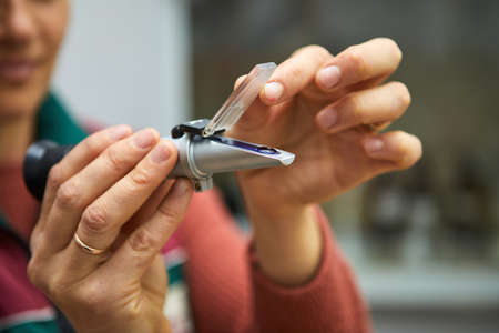 A woman squeezes grapes into a refractometer for measurementの写真素材