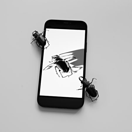 smartphone with a bug on the screen and a real spider crawling on the smartphone on the white table