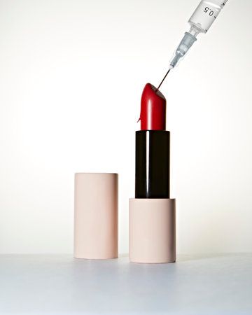 Red Lipstick and syringe with hyaluronic acid on a white backgroundの写真素材