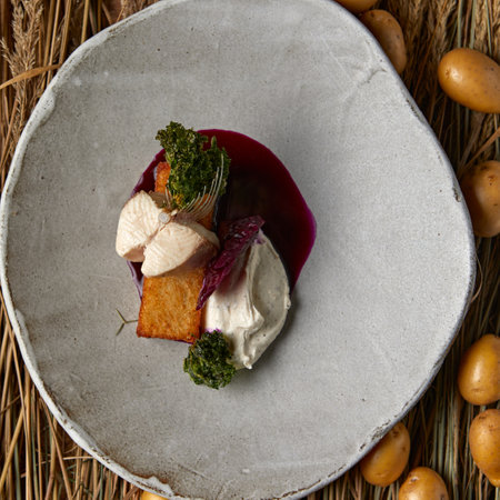 salmon fillet with tartar sauce on a white plate.の写真素材