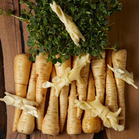 Root vegetables with greens on a tree tableの写真素材