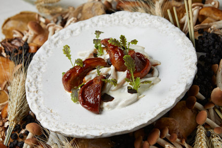 Dried mushrooms with sour cream and herbs on white plateの写真素材