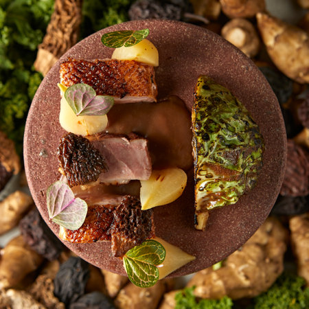 stewed duck fillet with pears and herbs