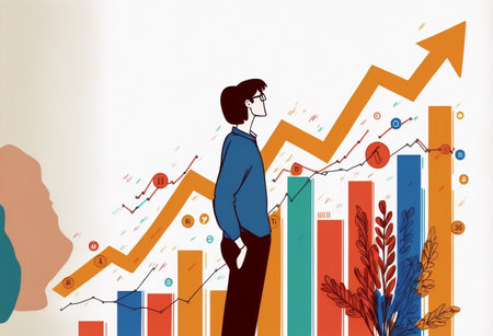 Vector illustration of businesswoman standing on growing graph. business concept.