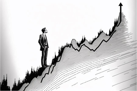 businessman standing on top of a mountain and looking at the chartの写真素材
