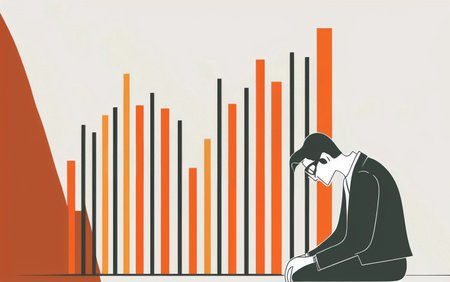 Sad businessman sitting in front of a bar chart. vector illustration.