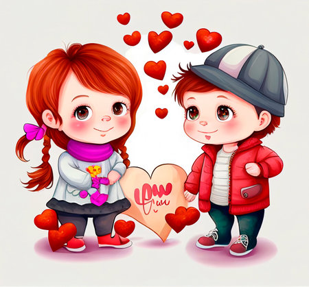 Valentines day greeting card with cute cartoon girl and boy. vector illustration.の写真素材