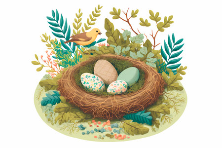 Decoration Easter Eggs with spring flowers and cute birds. Happy Easter.の写真素材