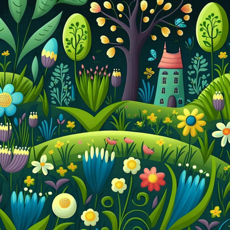 Illustration of spring pattern with bloom flowers and trees.の写真素材