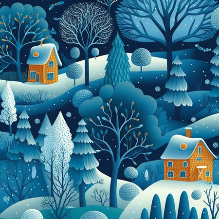 Illustration of cartoon winter landscape with snow, trees and cute buildings.の写真素材