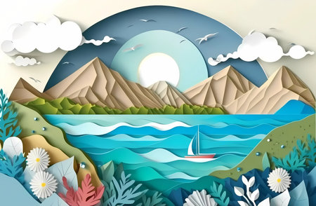 Paper cut colorful illustration. Landscape with coast and sea, sunny day. Space for text. Good for banner, header . high quality illustrationの写真素材