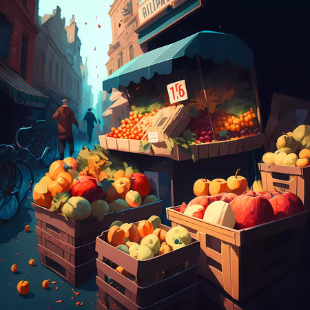 Fruits and vegetables street shopping.Illustration. high quality illustrationの写真素材