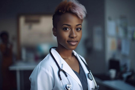 Portrait of a beautiful young girl doctor in a white coat. She looks friendly and smiles. Ai generatedの素材