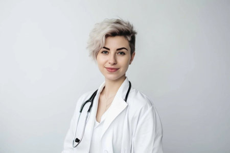 Portrait of a beautiful young girl doctor in a white coat. She looks friendly and smiles. white background. AI generatedの素材