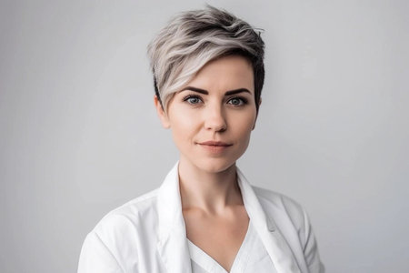 Portrait of a beautiful young girl doctor in a white coat. She looks friendly and smiles. white background. AI generatedの素材