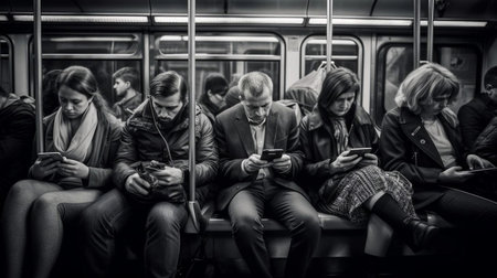 Tired people sit in the subway car and look at their phones. AI generated.の素材