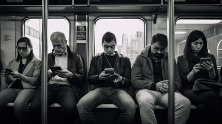 Tired people sit in the subway car and look at their phones. AI generated.の素材