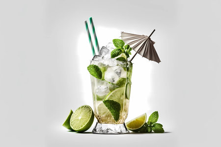 Summer delicious tropical alcoholic cocktail in a transparent glass with an umbrella. white background.の素材