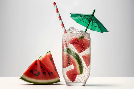 Summer delicious tropical alcoholic cocktail in a transparent glass with an umbrella. white background.の素材