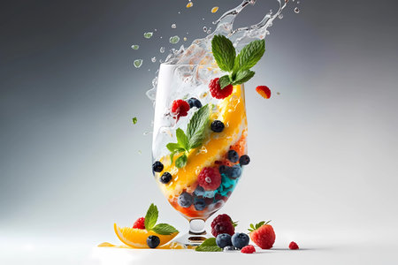 Splash of organic water cocktail with pieces of fresh fruit. White background, isolated.の素材
