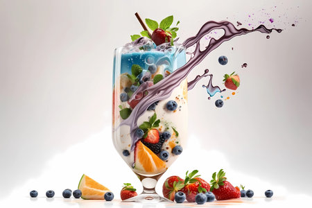 Splash of milkshake with pieces of fresh fruit. White background, isolated.の素材