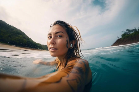 Beautiful girl surfer in the water in motion, she is overwhelmed with emotions. Extreme sport. Go pro wide angle shot. AI generated.の素材