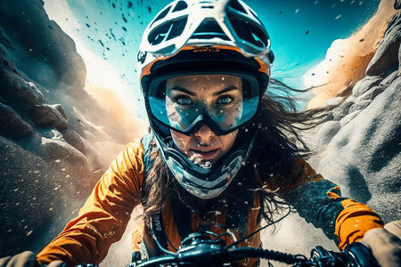 A young girl on a sports bike rushes off-road at great speed. Extreme sport. Go pro wide angle shot. AI generated.の素材