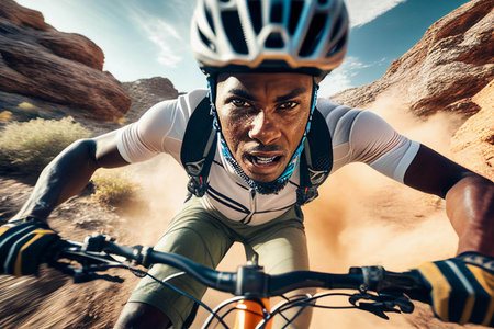 A young man on a sports bike rushes off-road at great speed. Extreme sport. Go pro wide angle shot. AI generated.の素材