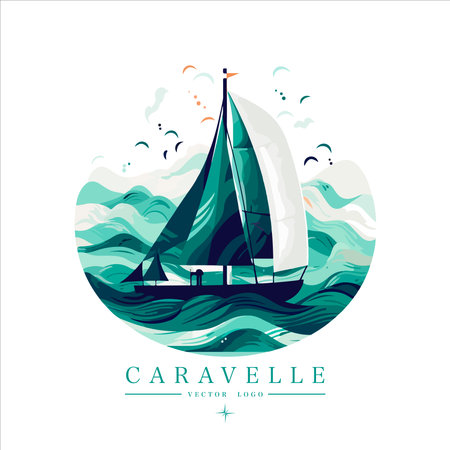 Sailing boat on the water, vector logo, colored caravelle emblem.のイラスト素材