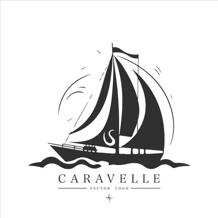 Minimal modern Sailing boat on the water, vector logo. Caravelle emblem.のイラスト素材