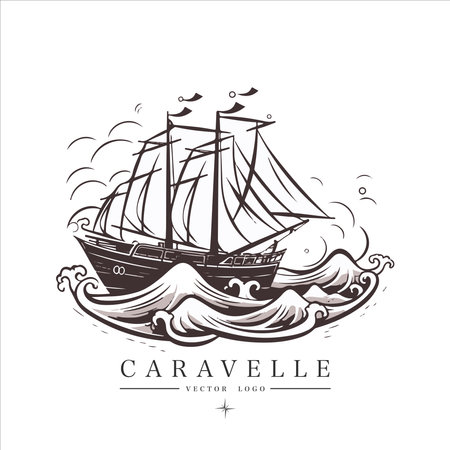 Sailing boat, caravelle, frigate on the water, vector logo emblem in asian style.のイラスト素材