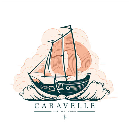 Sailing boat, caravelle, frigate on the water, vector logo emblem in asian style.のイラスト素材