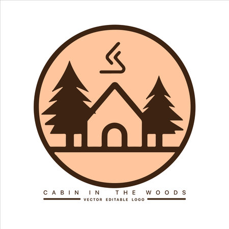 Wood cabin logo template. Cabin in the woods vector illustration. Cabin rentals logo. Chalet in the forest sticker.のイラスト素材