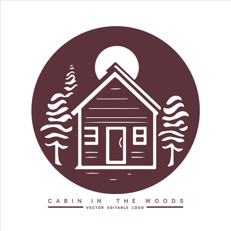 Wood cabin logo template. Cabin in the woods vector illustration. Cabin rentals logo. Chalet in the forest sticker.のイラスト素材