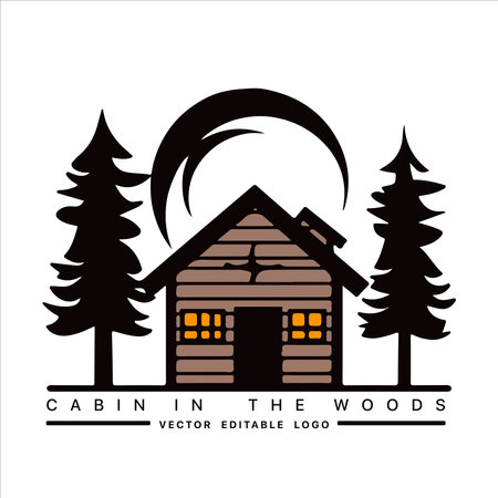 Wood cabin logo template. Cabin in the woods vector illustration. Cabin rentals logo. Chalet in the forest sticker.のイラスト素材