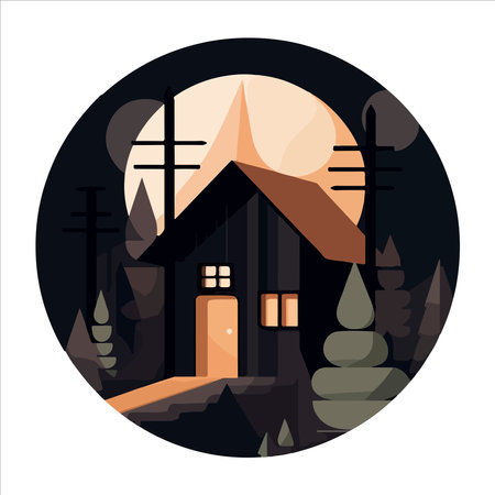 Wood cabin logo template. Cabin in the woods vector illustration. Cabin rentals logo. Chalet in the forest sticker.のイラスト素材