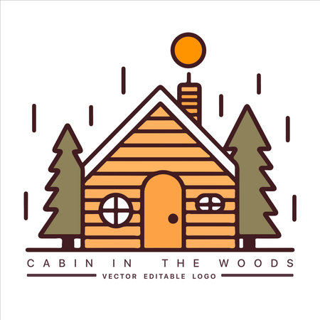Wood cabin logo template. Cabin in the woods vector illustration. Cabin rentals logo. Chalet in the forest sticker.のイラスト素材