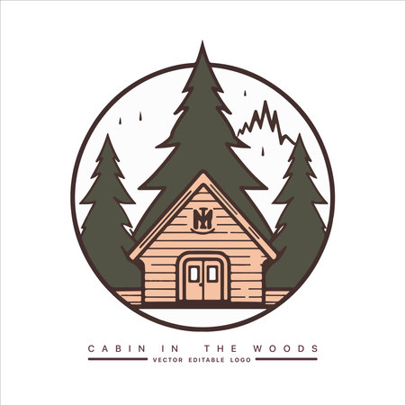 Wood cabin logo template. Cabin in the woods vector illustration. Cabin rentals logo. Chalet in the forest sticker.のイラスト素材
