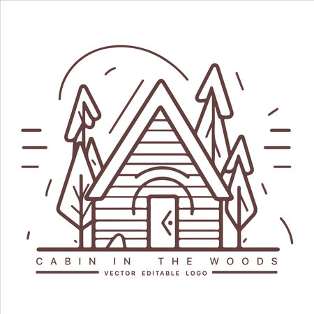 Wood cabin logo template. Cabin in the woods vector illustration. Cabin rentals logo. Chalet in the forest sticker.のイラスト素材