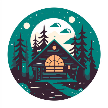 Wood cabin logo template. Cabin in the woods vector illustration. Cabin rentals logo. Chalet in the forest sticker.のイラスト素材