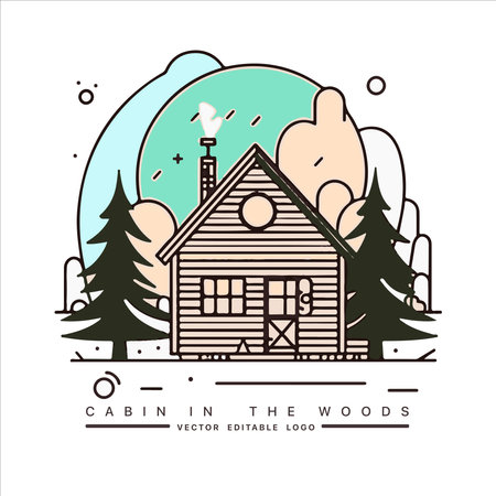 Wood cabin logo template. Cabin in the woods vector illustration. Cabin rentals logo. Chalet in the forest stickerのイラスト素材